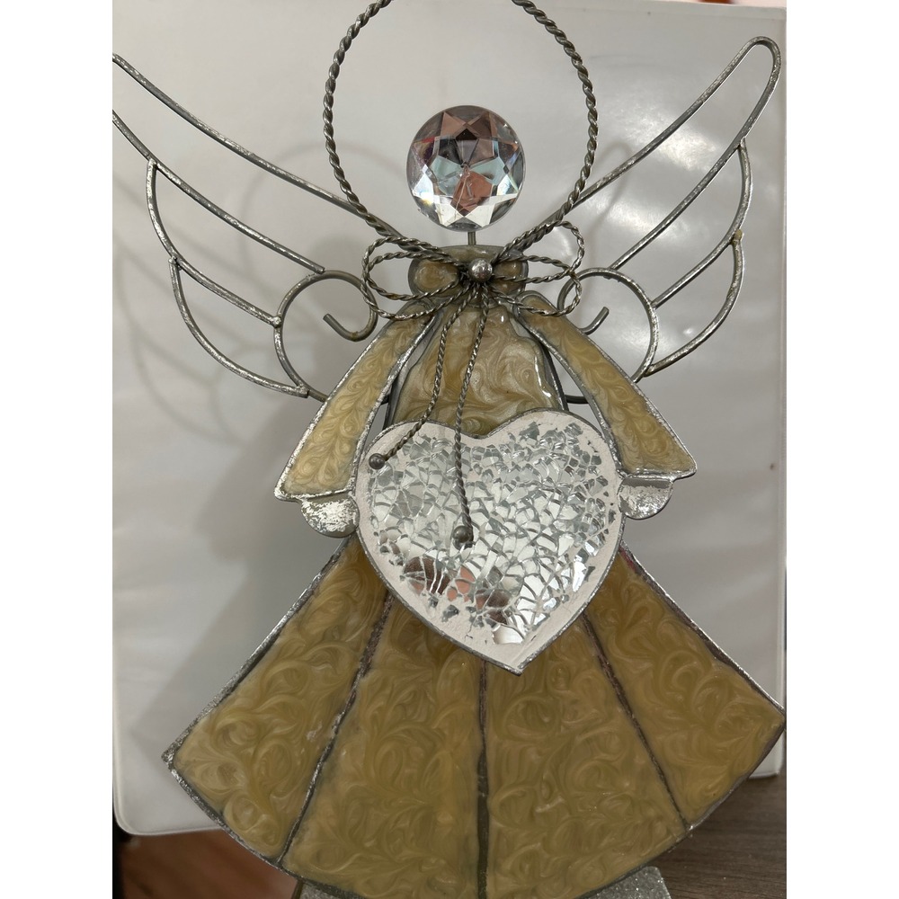 Metal Stained Glass Angel Figurine with Crackled Heart and Crystal Head Decor